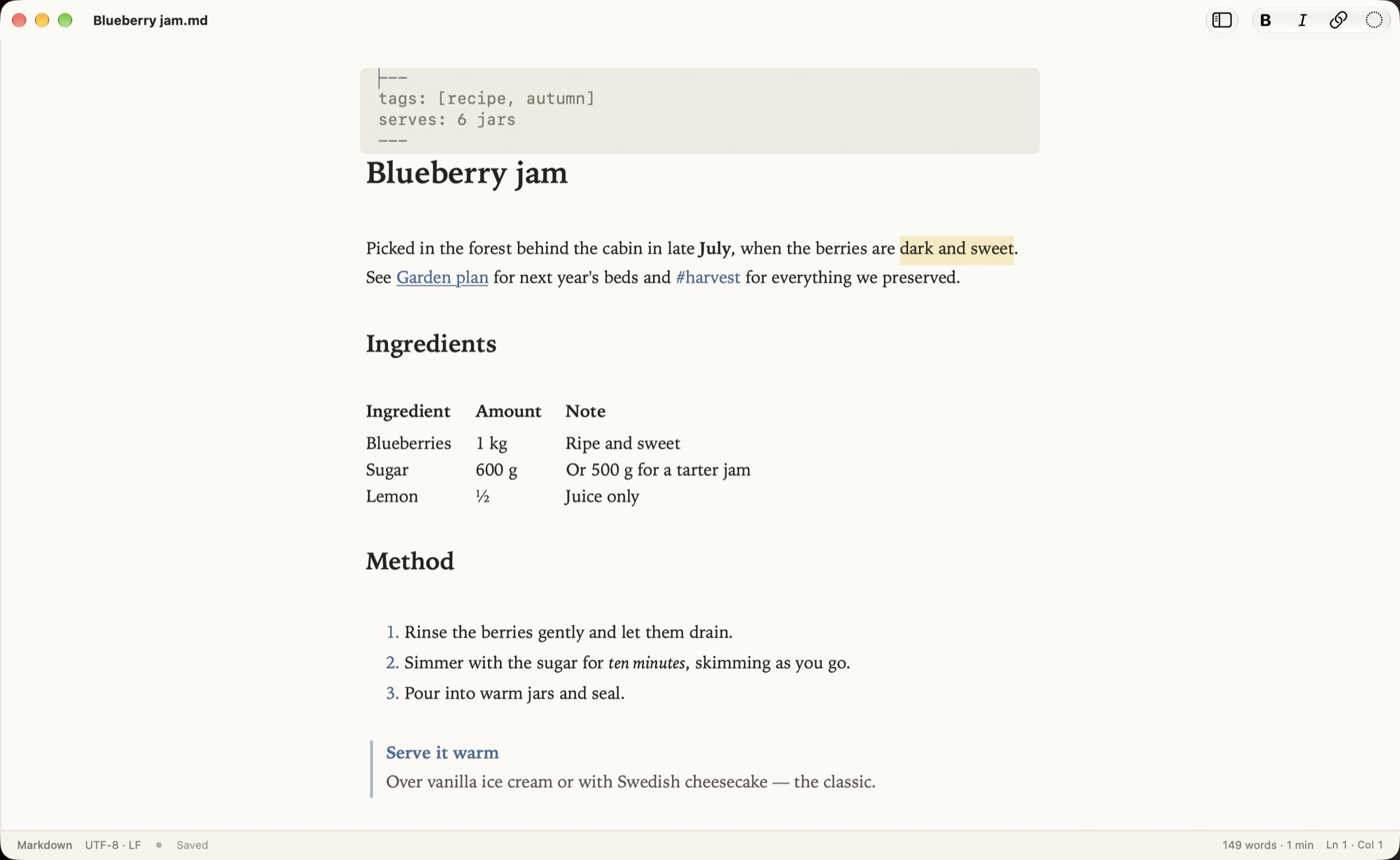 A Markdown note in Skriva with a table and a callout