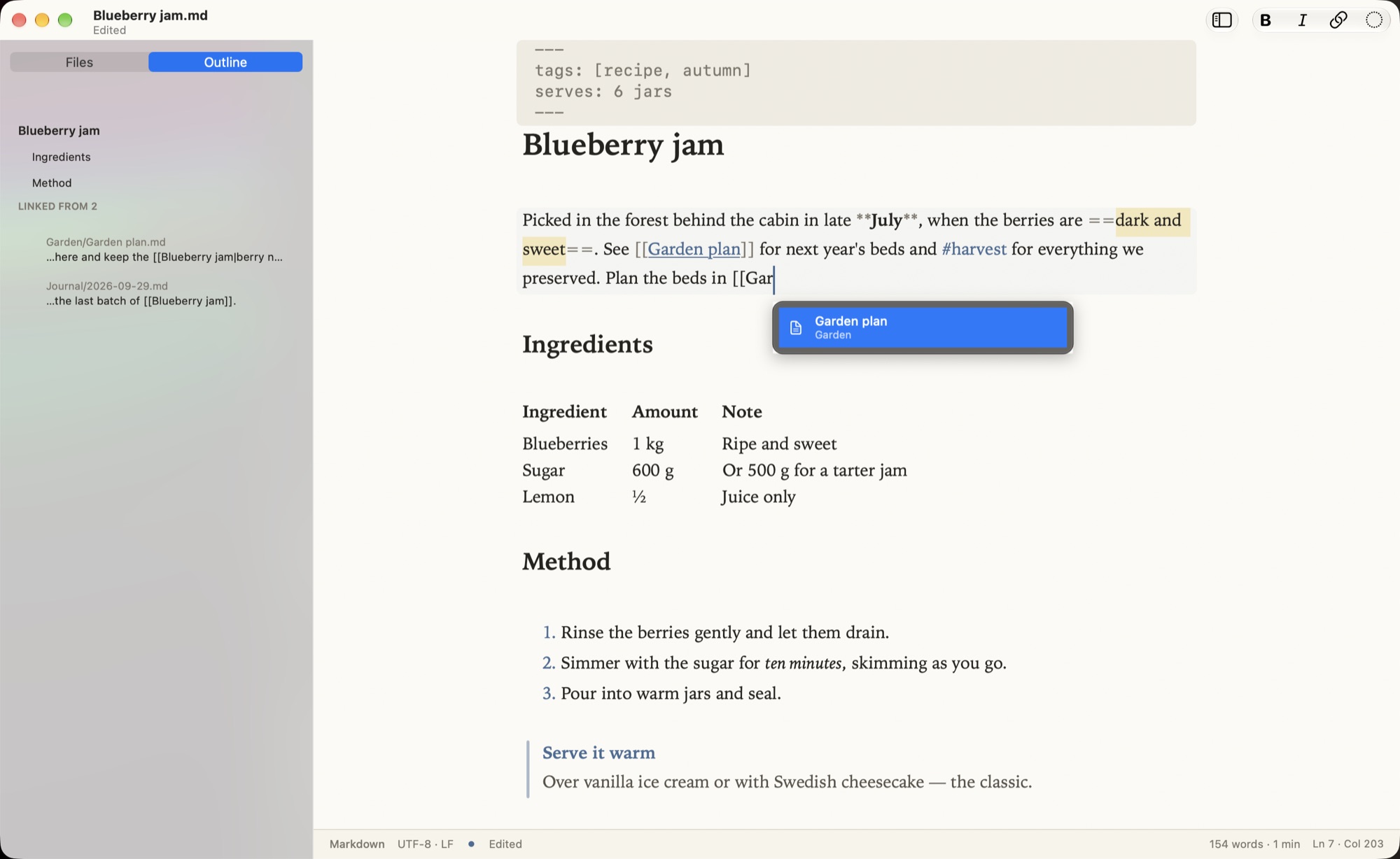 Typing [[ to link a note, with backlinks in the sidebar