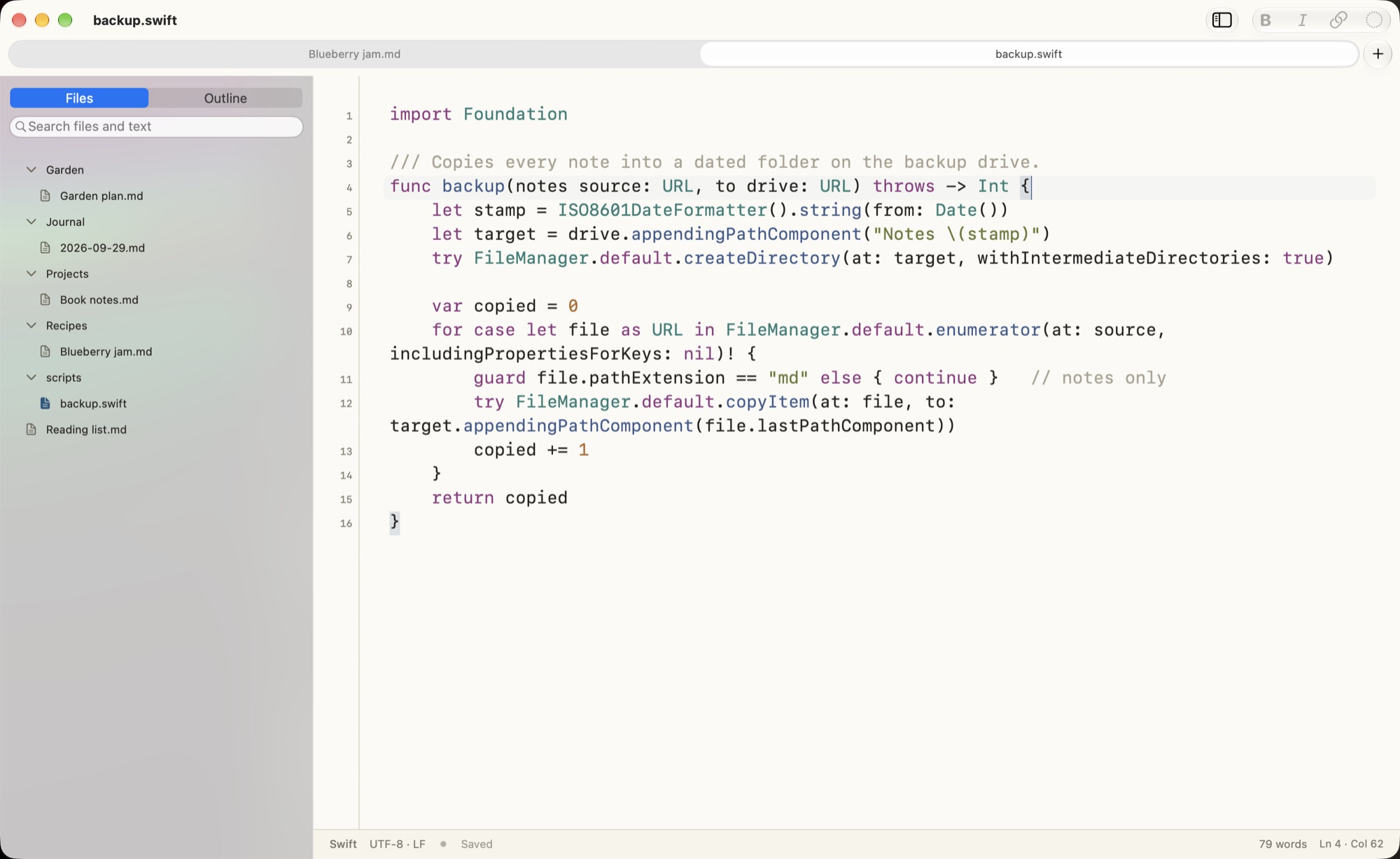 Swift code with syntax colours and line numbers